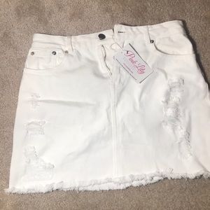 Distressed Denim Skirt White